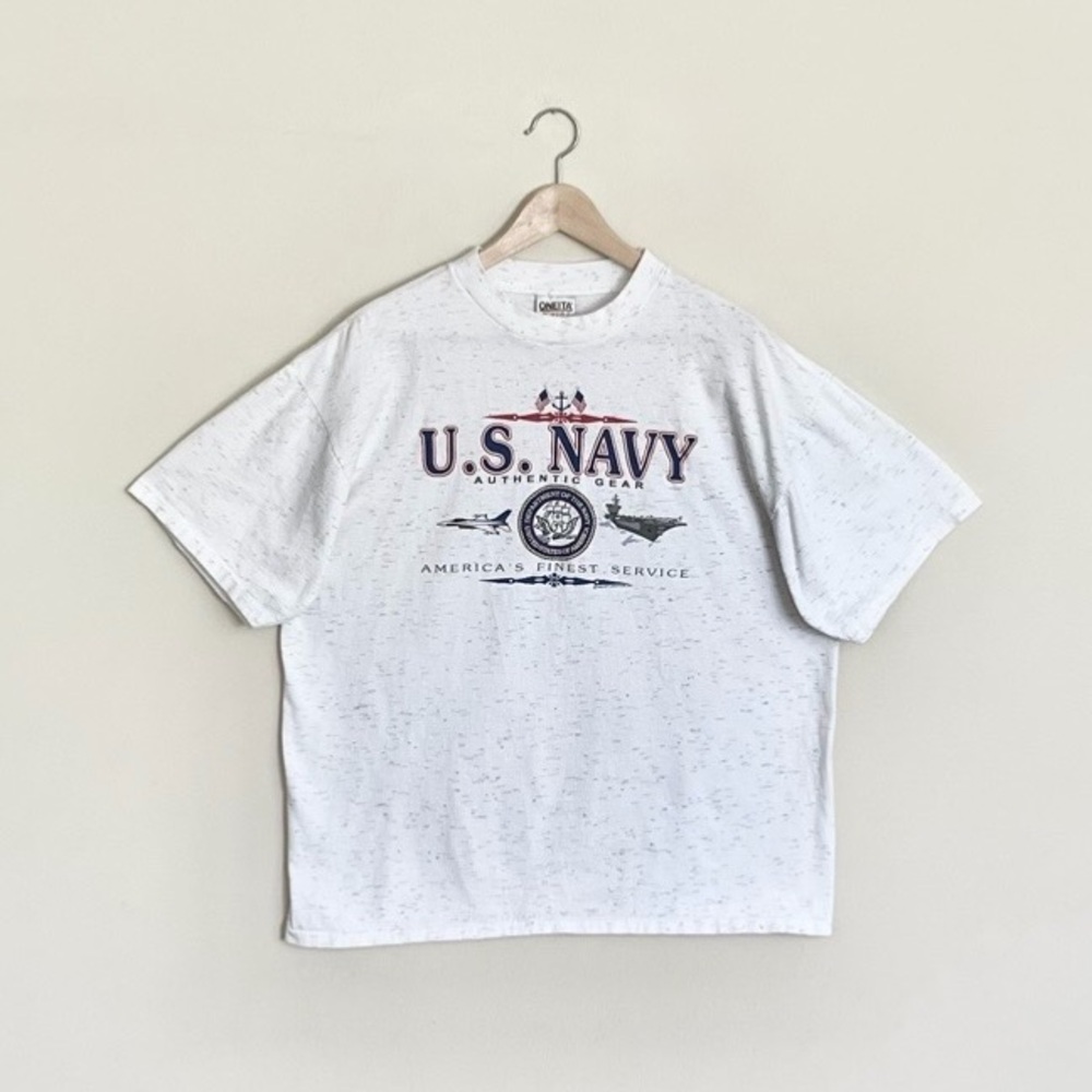 Vintage 1993 U.S. Navy America’s Finest Graphic Speckled White T Shirt Adult XL